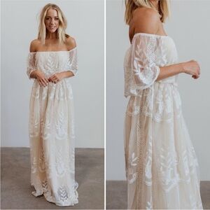 Baltic Born Off-Shoulder Cream and White Lace Maxi Dress
